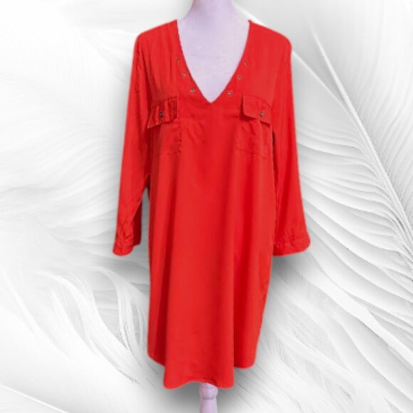 Red V-Neck Roll-Tab Sleeve Shirt Dress Live 4 Truth - Picture 2 of 8